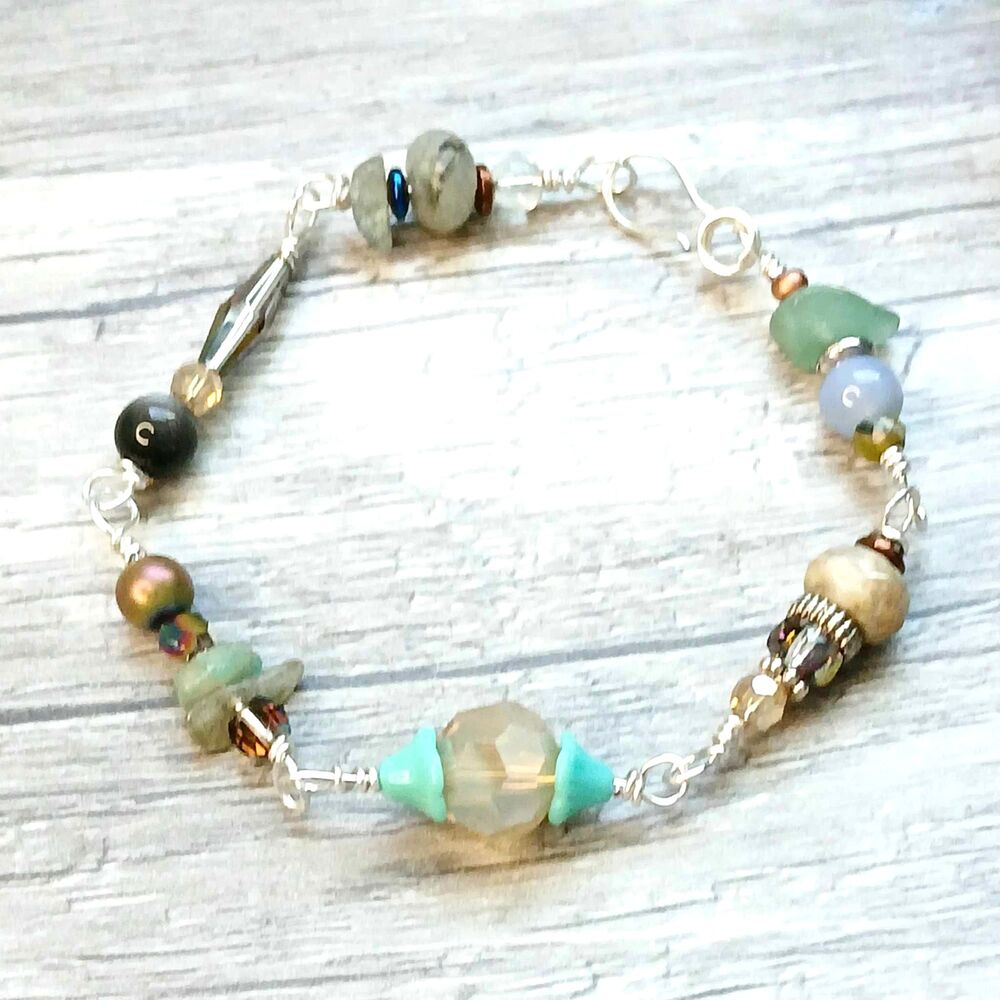 Gemstone Beaded Bracelet - 8" - Obsidian Aventurine Agate Hematite